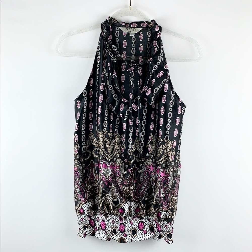 ROMY |💜 Paisley Satin Ruched Sleeveless Ruffle Top - Picture 5 of 8
